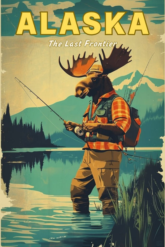 "Alaska", a vintage travel poster, featuring a Moose wearing fishing gear and hip waders, fly fishing at an Alaskan river 