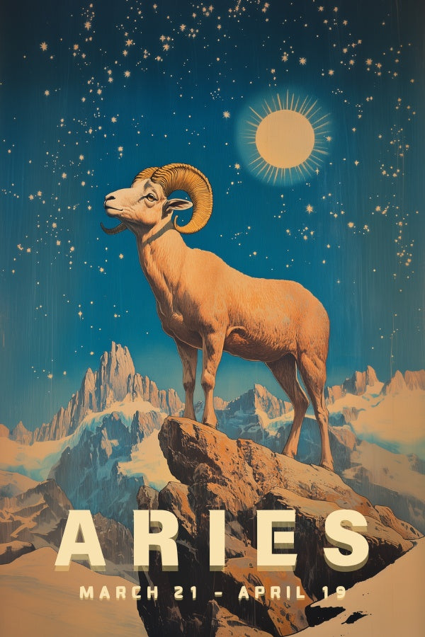 "Aries", a vintage astrology poster, featuring a ram on a rocky mountain overlooking the universe of stars