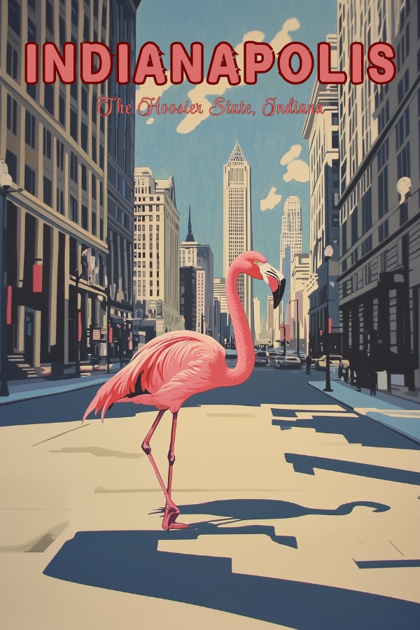 "Indianapolis", a vintage travel poster, featuring a pink flamingo walking in the streets of Indianapolis, Indiana.