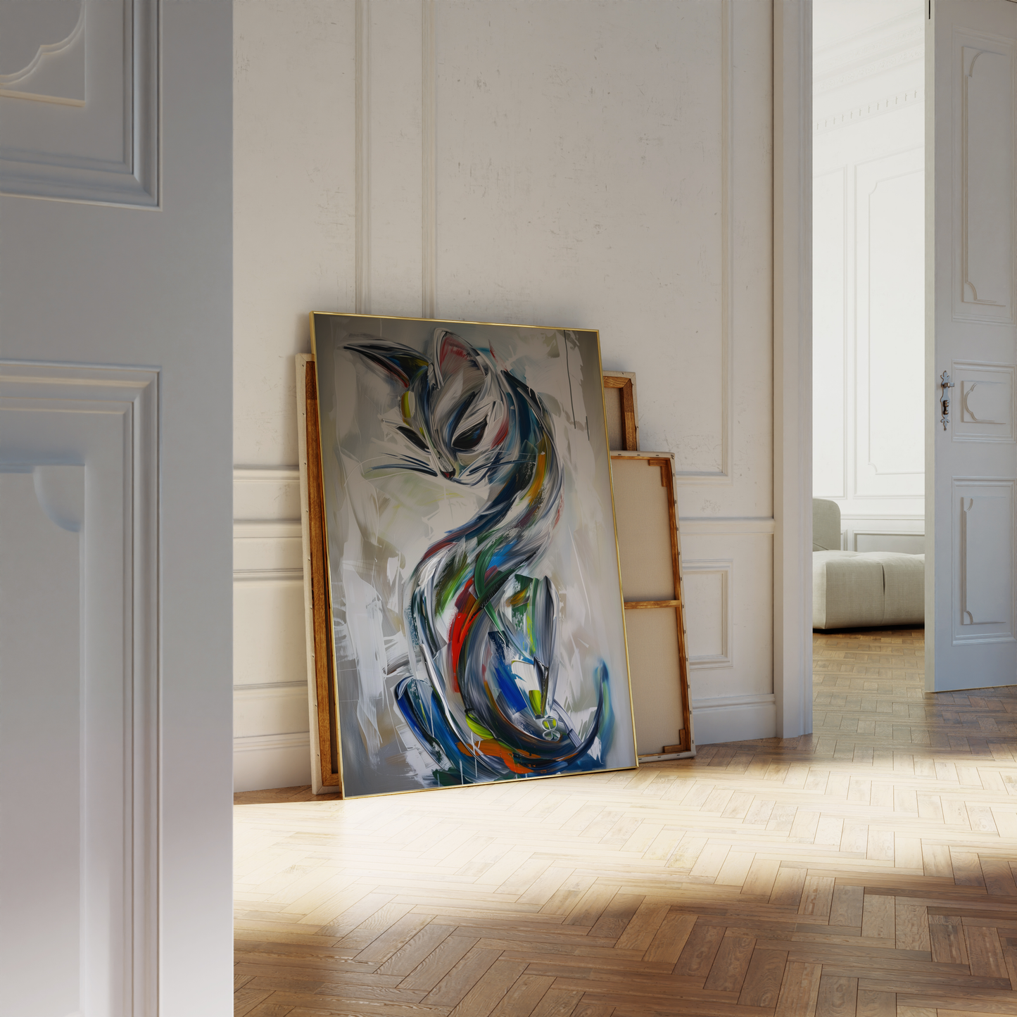 Paw Prints framed painting of a cat with smooth curves and thick brush strokes, leaning against a white bathroom wall.