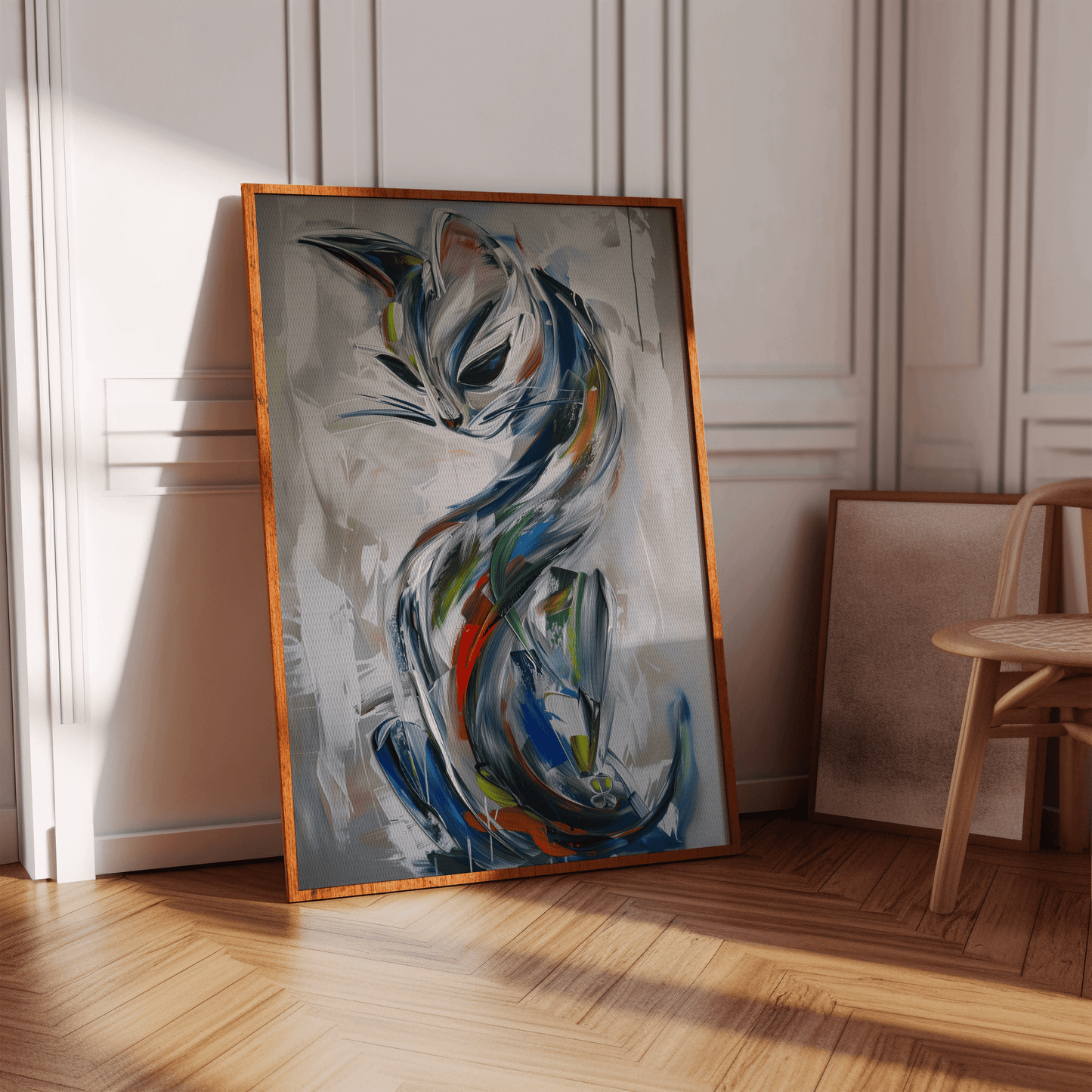 Framed painting of a cat with smooth curves and thick brush strokes and complementary colors, in an empty hallway. 