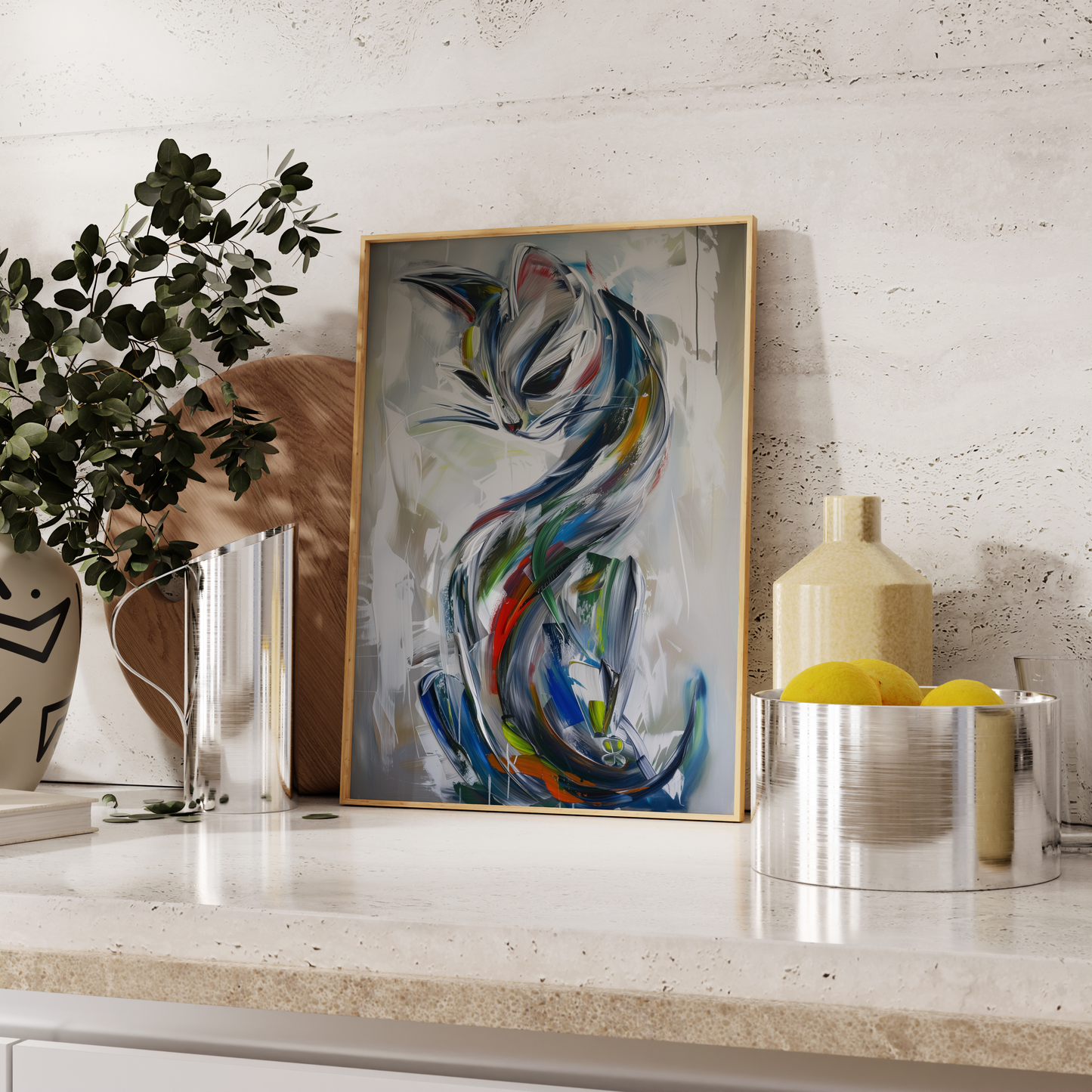 Paw Prints framed painting of a cat with smooth curves and thick brush strokes, leaning against the kitchen counter. 