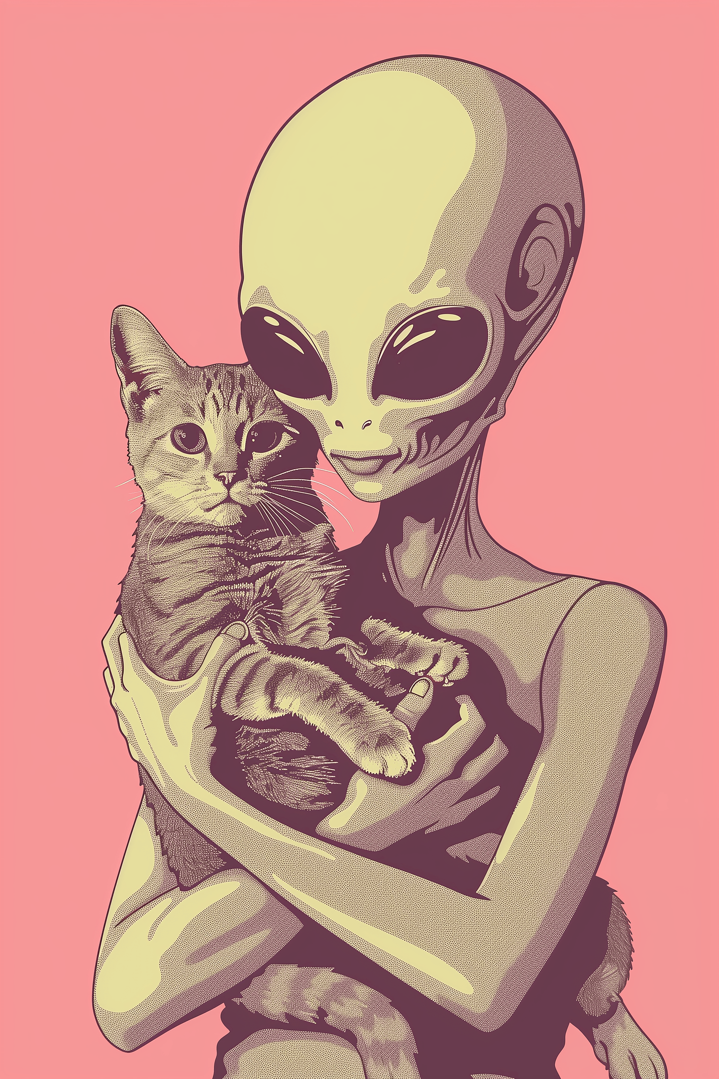 Paw Prints retro alien cradling a cute tabby cat poster, pink background, the alien and the cat looking directly forward. 