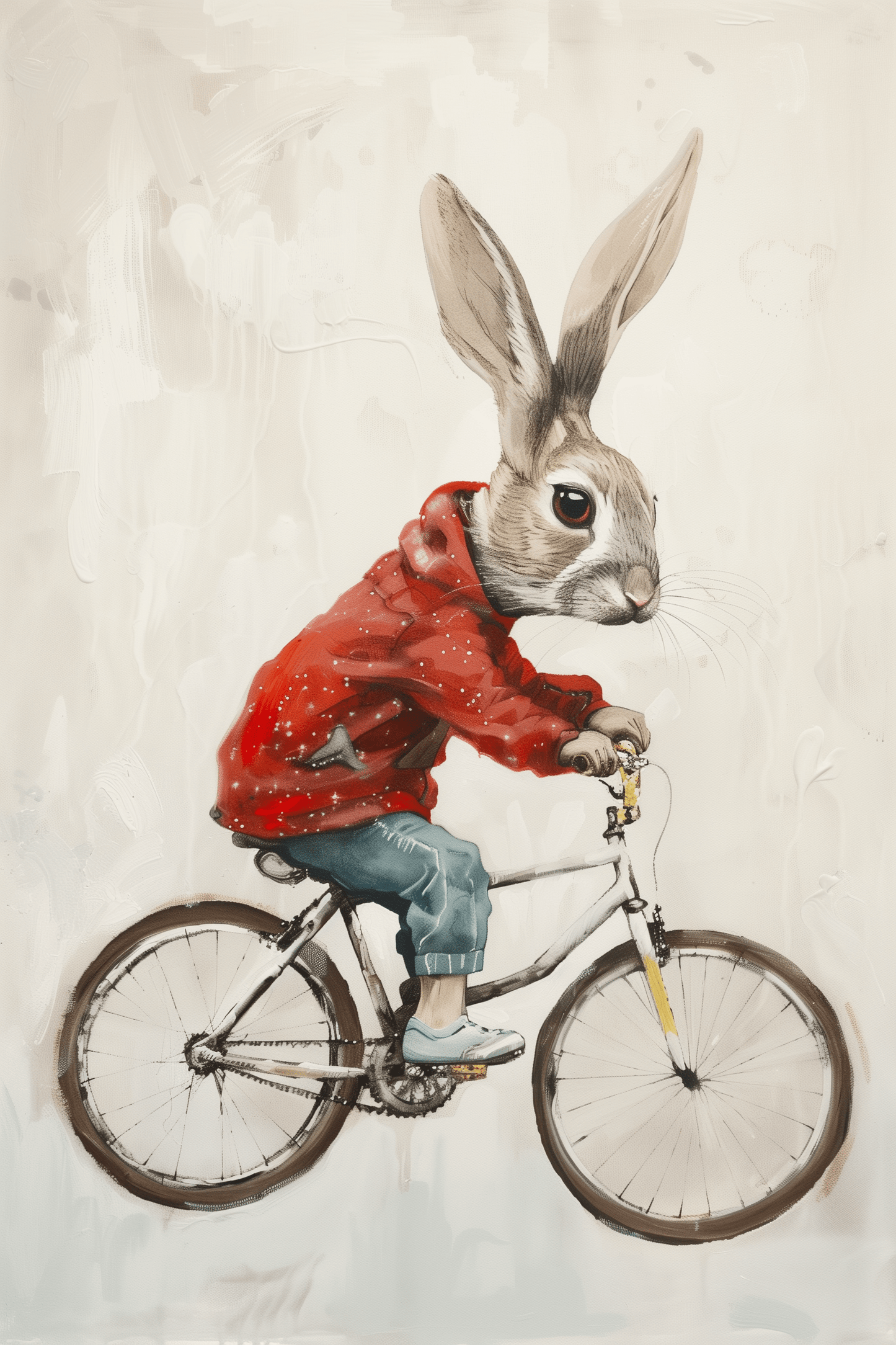 A cute rabbit riding a bicycle, wearing a red jacket and jeans, with a beige background.