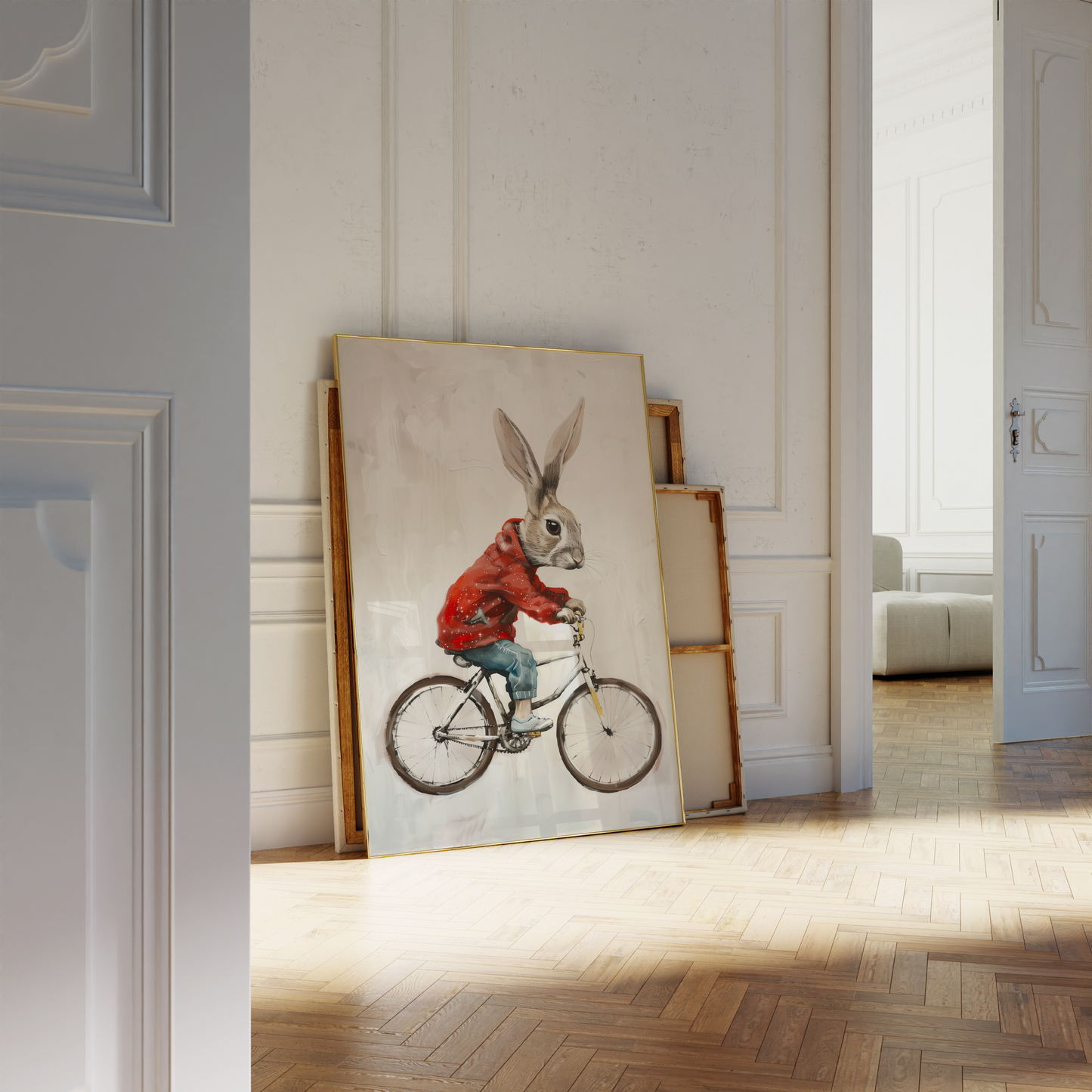 Paw Prints framed poster of a rabbit riding a bicycle, wearing a red jacket and jeans, leaning against a white bathroom wall.