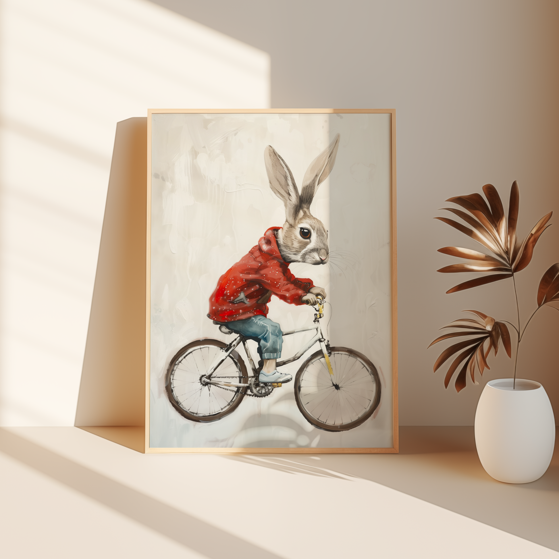 a rabbit riding a bicycle, wearing a red jacket and jeans, in a Paw Prints framed poster leaning against the bedroom floor.