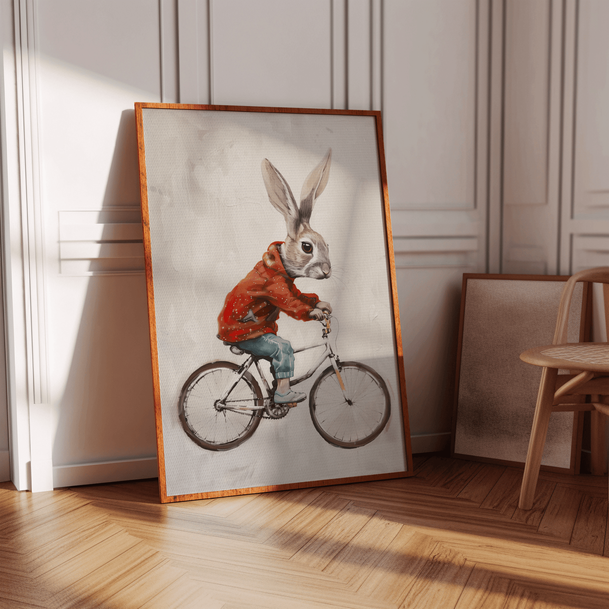 A framed poster of a cute rabbit riding a bicycle, wearing a red jacket and jeans, beige background, in an empty hallway. 