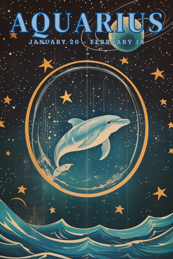 "Aquarius", a vintage astrology poster, featuring a dolphin swimming in space, night skies and bright stars