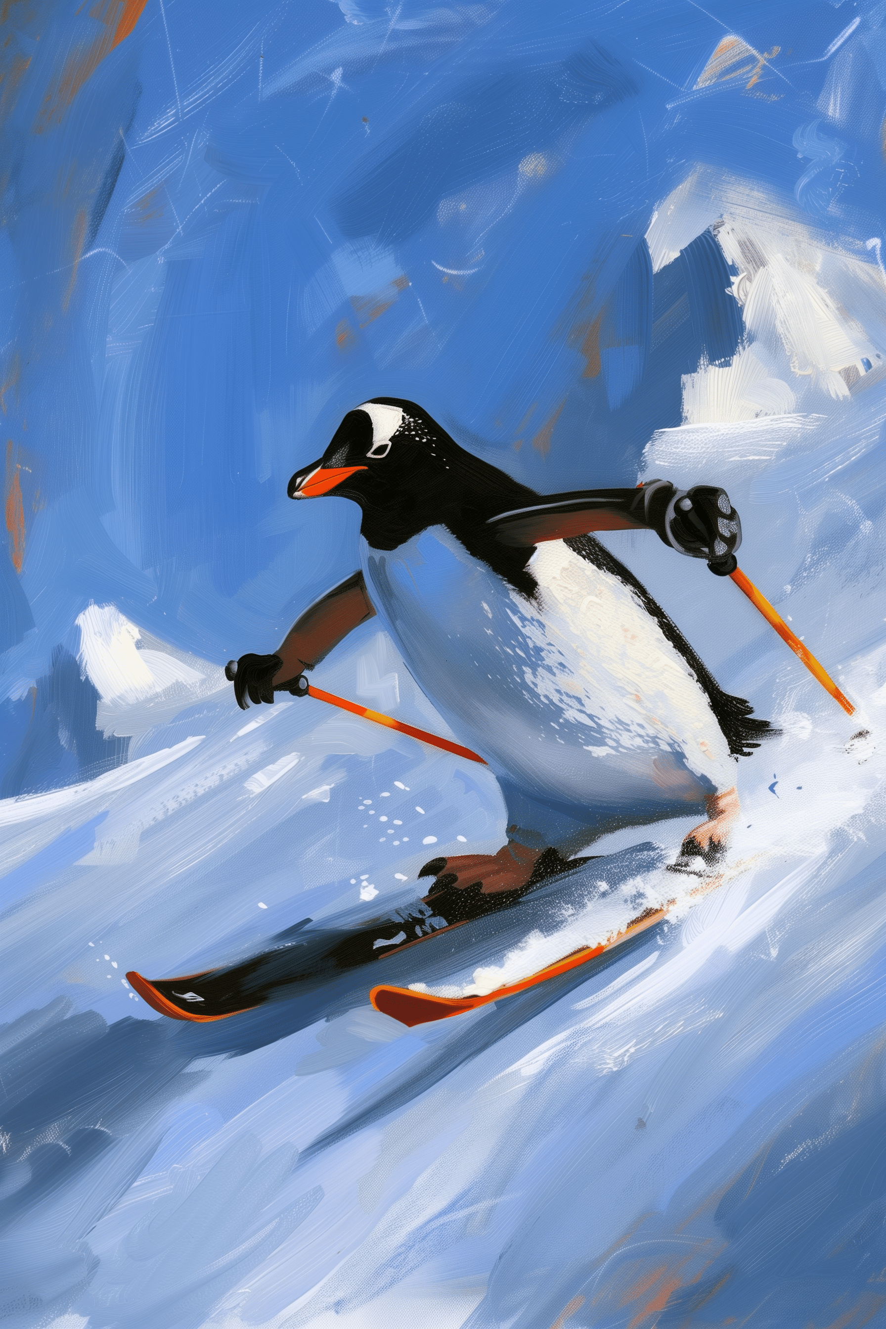 A painting of a penguin skiing through the North Pole mountains, holding ski poles and moving at an intense speed.