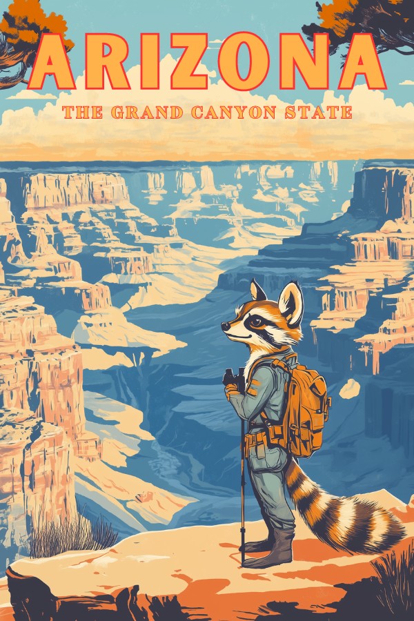 A vintage travel poster of Arizona, featuring a hiker ringtail wearing hiking gear in the Grand Canyon