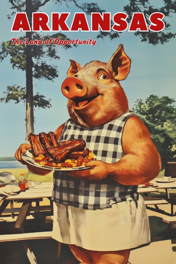 "Arkansas", a vintage travel poster, featuring a wild hog holding a plate of southern bbq ribs