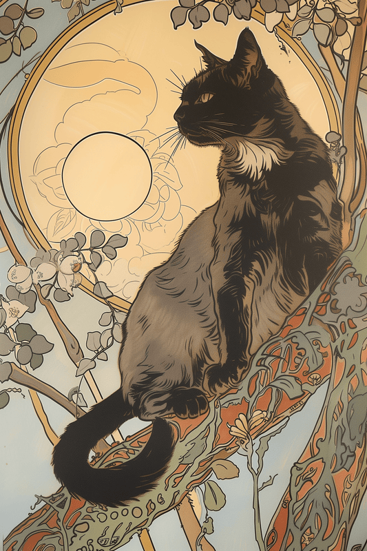 Art nouveau painting of a black cat on a tree branch under moonlight - Paw Prints