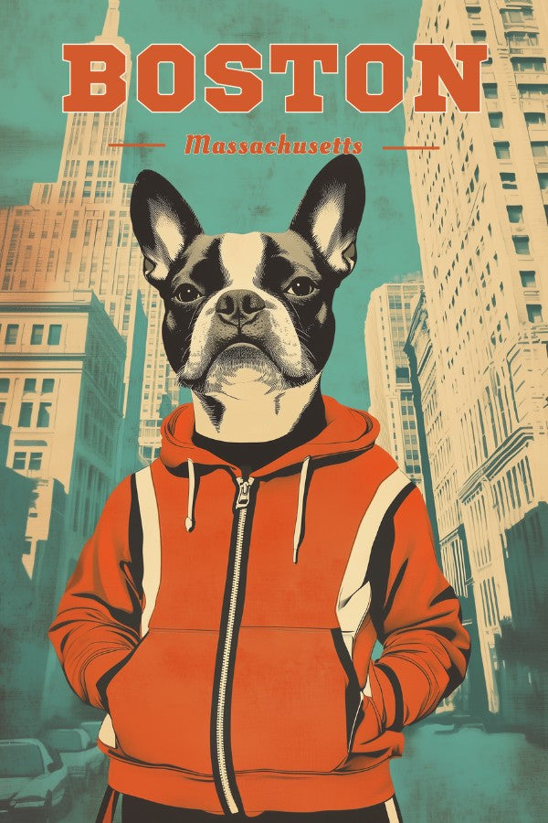 A vintage travel poster of Boston, featuring a Boston Terrier dressed in a retro tracksuit in downtown Boston