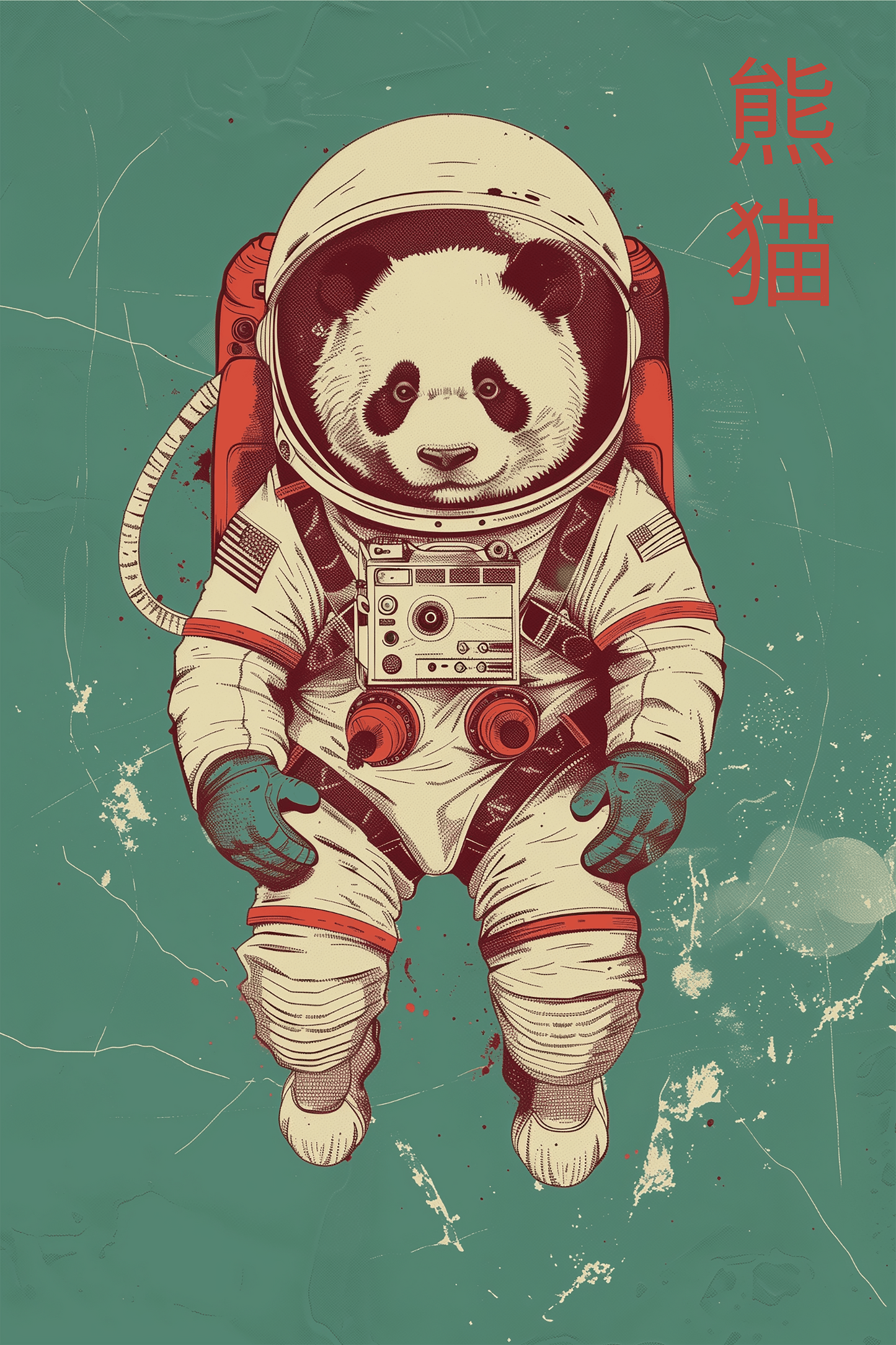 A panda floating in space, wearing an astronaut suit, with Chinese characters that mean "panda". 