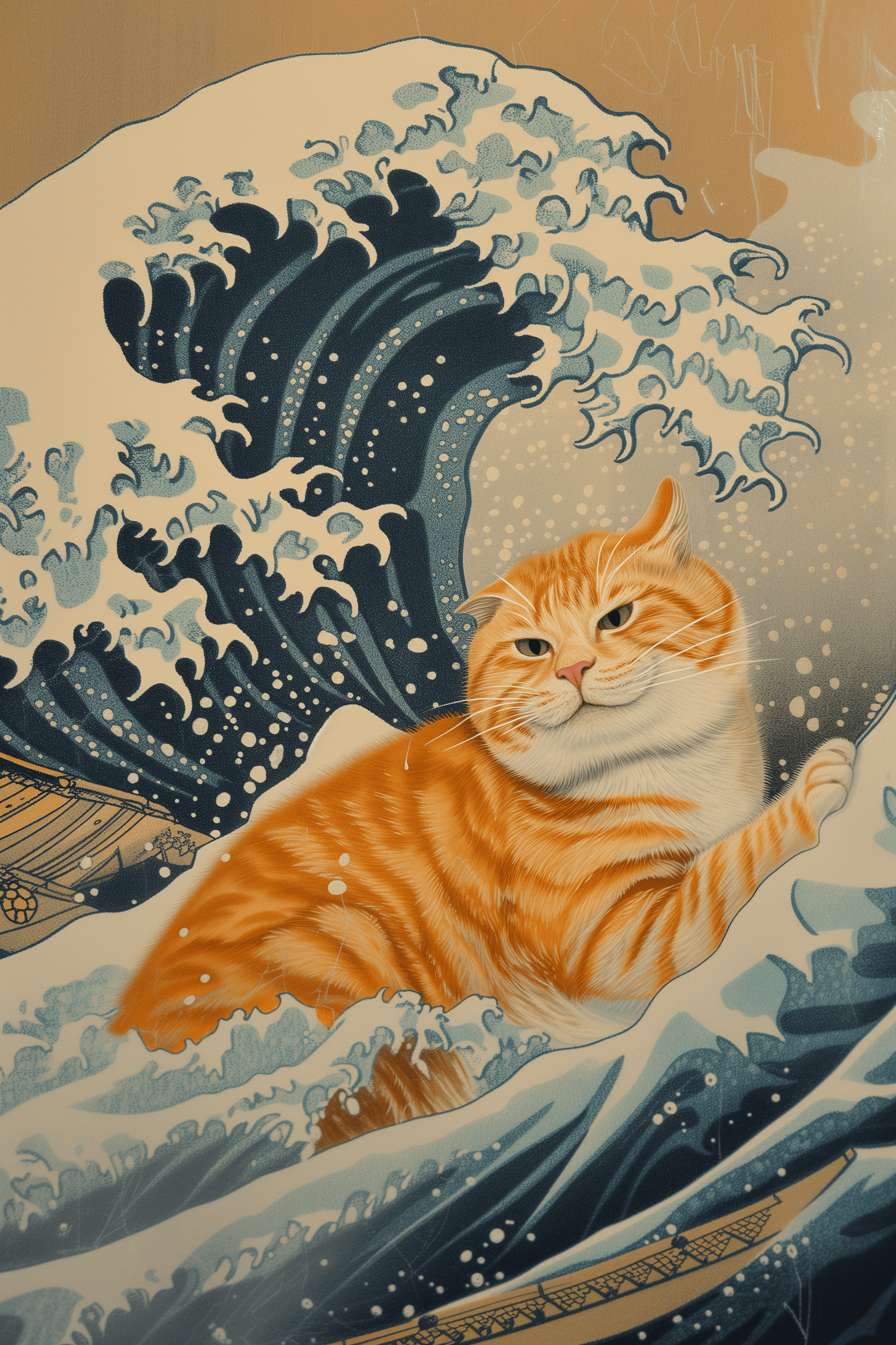 Paw Prints painting of a huge orange cat inside of the Wave of Kanagawa.