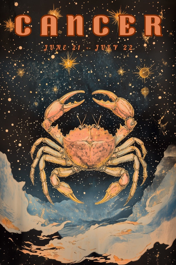 "Cancer", a vintage astrology poster, featuring a crab in the middle of the universe