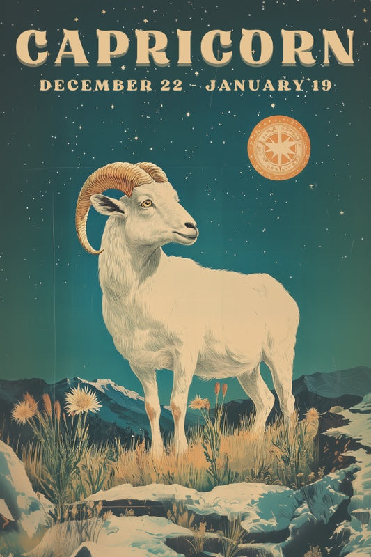 "Capricorn", a vintage astrology poster, featuring a white horned goat underneath the night skies with bright stars