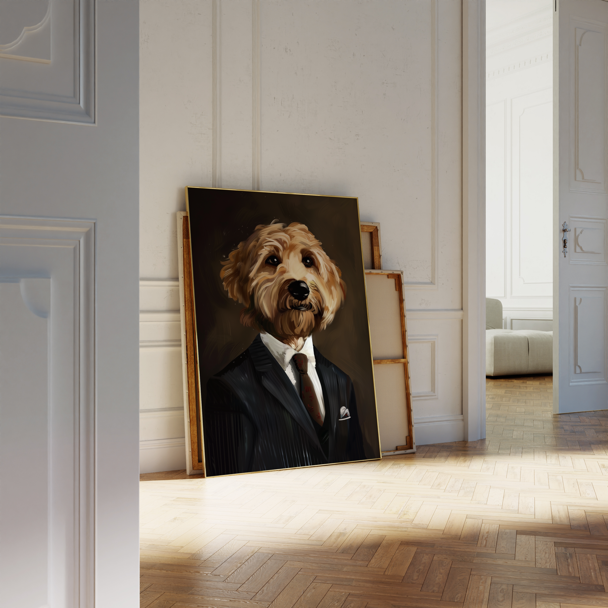 Paw Prints Photorealistic oil painting of a Poodle wearing a Pinstripe Suit and tie, leaning against a white bathroom wall