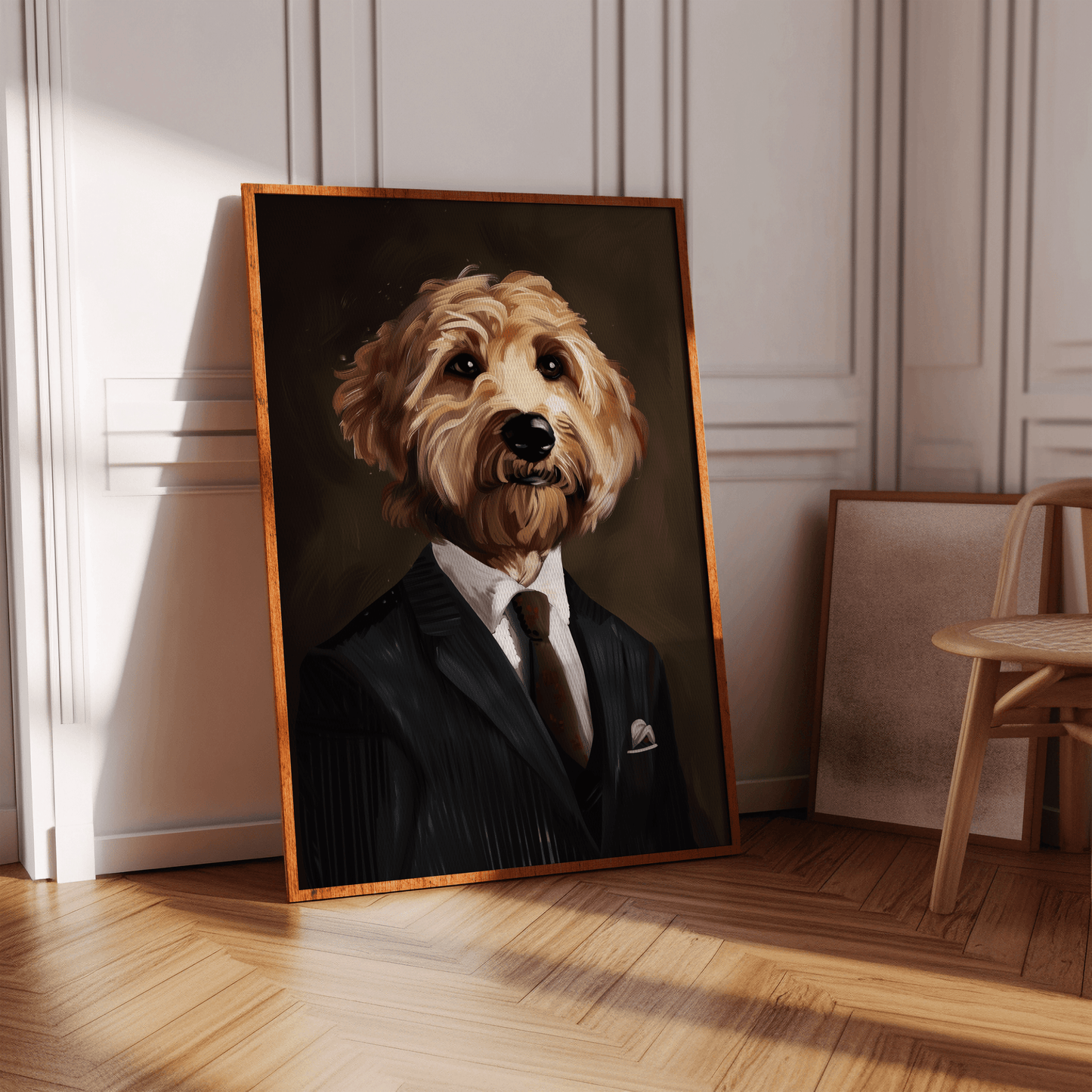 Photorealistic oil painting of a Poodle wearing a Pinstripe Suit and tie, in a white hallway in view of natural sunlight.