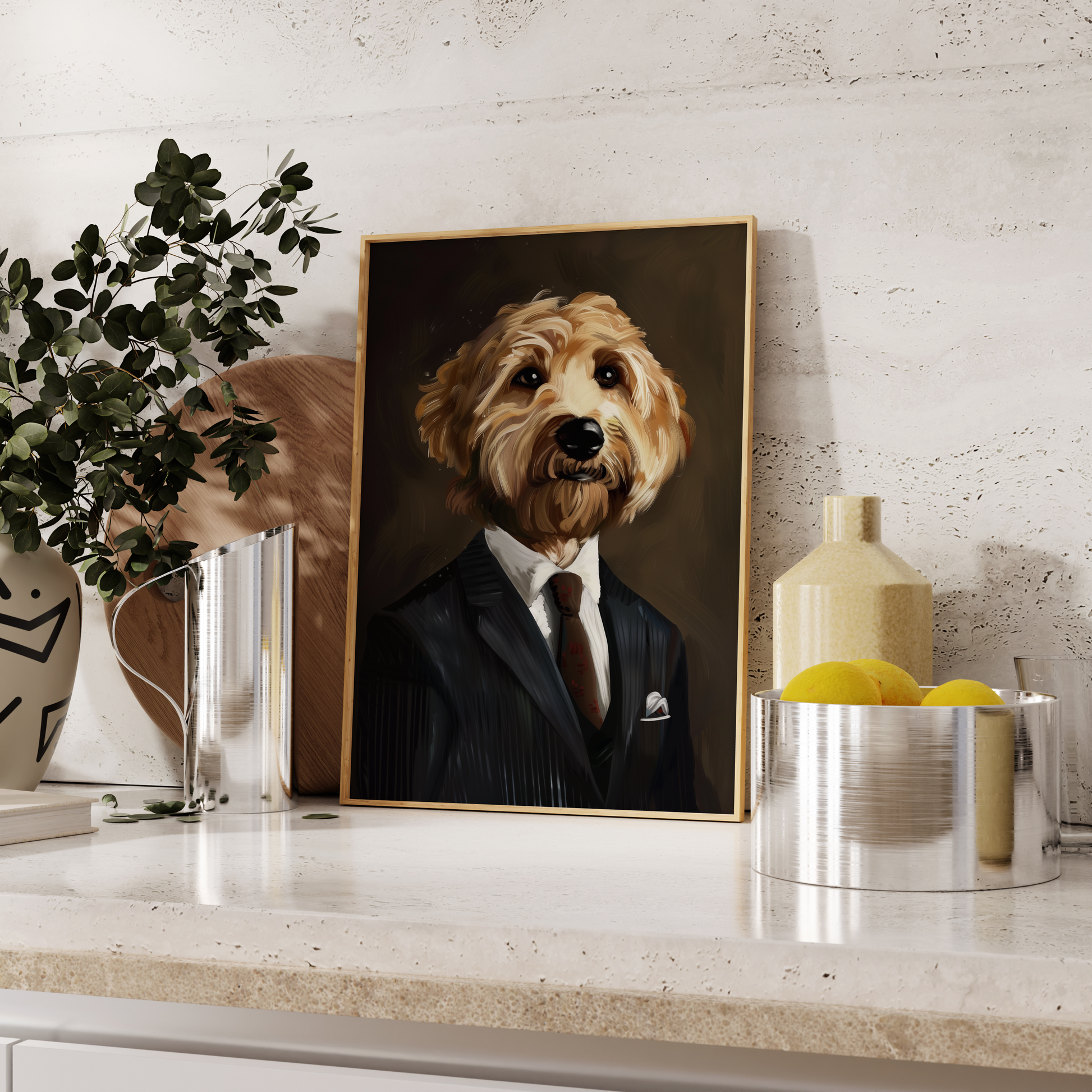 Paw Prints Photorealistic oil painting of a Poodle wearing a Pinstripe Suit and tie, leaning against the kitchen counter. 