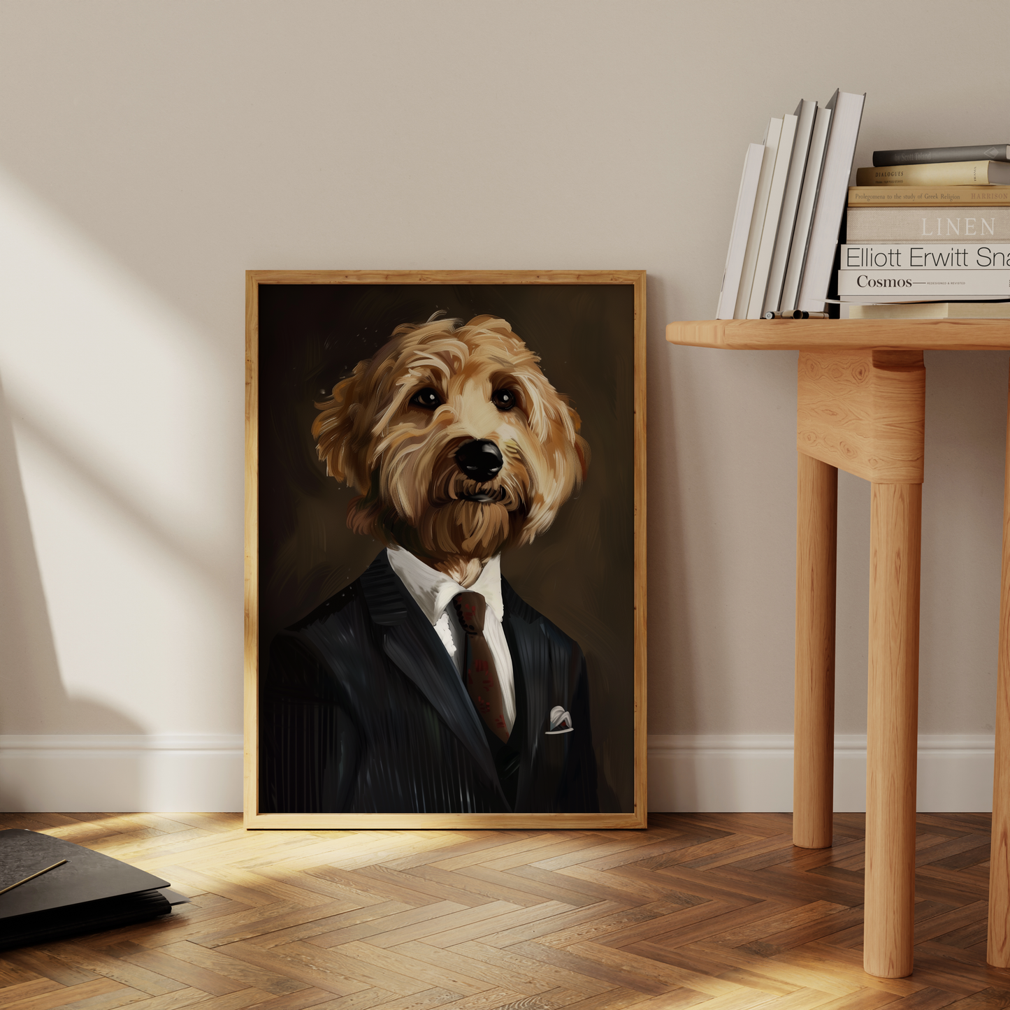 Paw Prints Photorealistic oil painting of a Poodle wearing a Pinstripe Suit and tie, leaning against the office floor. 