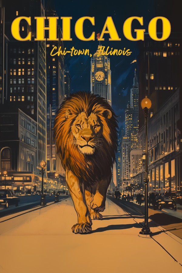 A vintage travel poster of a lion walking in the night streets of Chicago