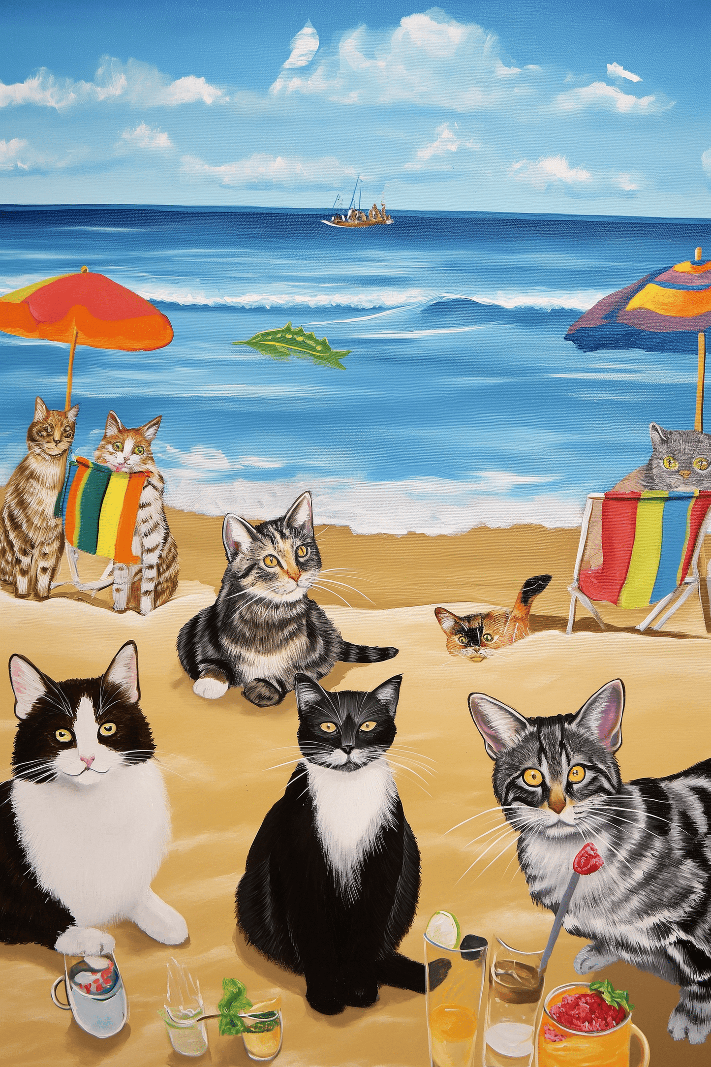 Painting of a bunch of cats enjoying a beach day. 