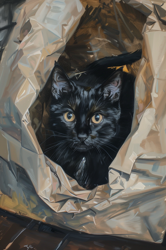 Photorealistic oil painting of a black cat in a crumpled plastic bag, looking at the viewer from inside the bag.