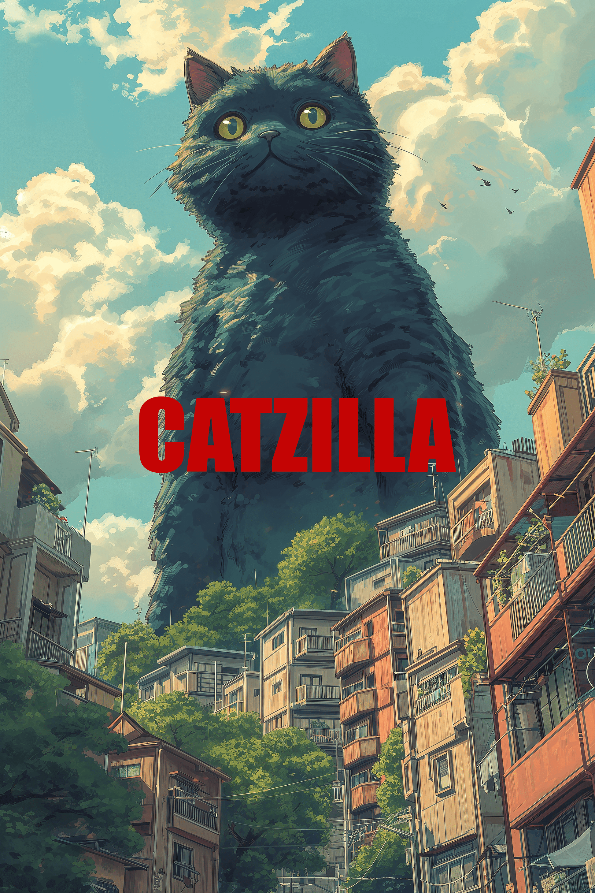 Painting of a Studio Ghibli Catzilla, a huge cat towering over buildings, with a smile on its face - Paw Prints