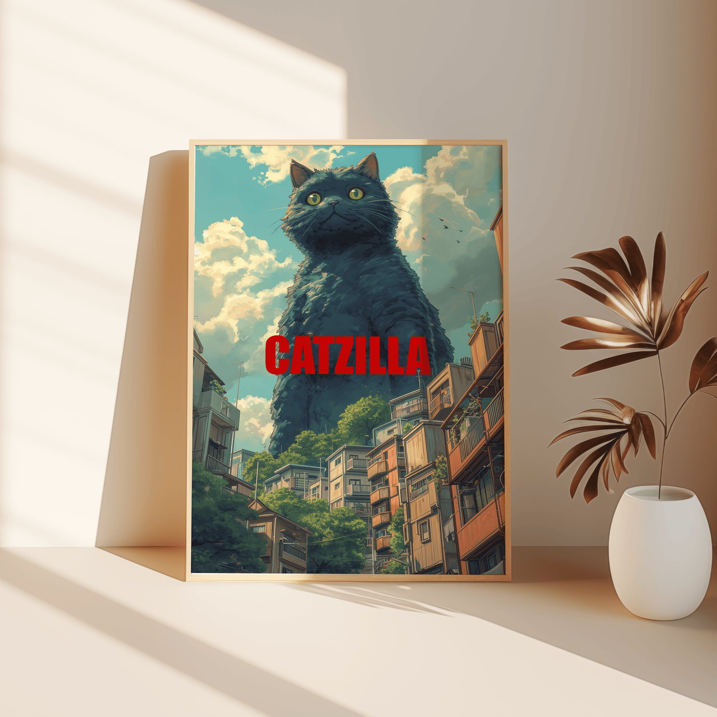 Painting of a Studio Ghibli Catzilla towering over buildings, with a smile on its face, leaning against the bedroom floor.