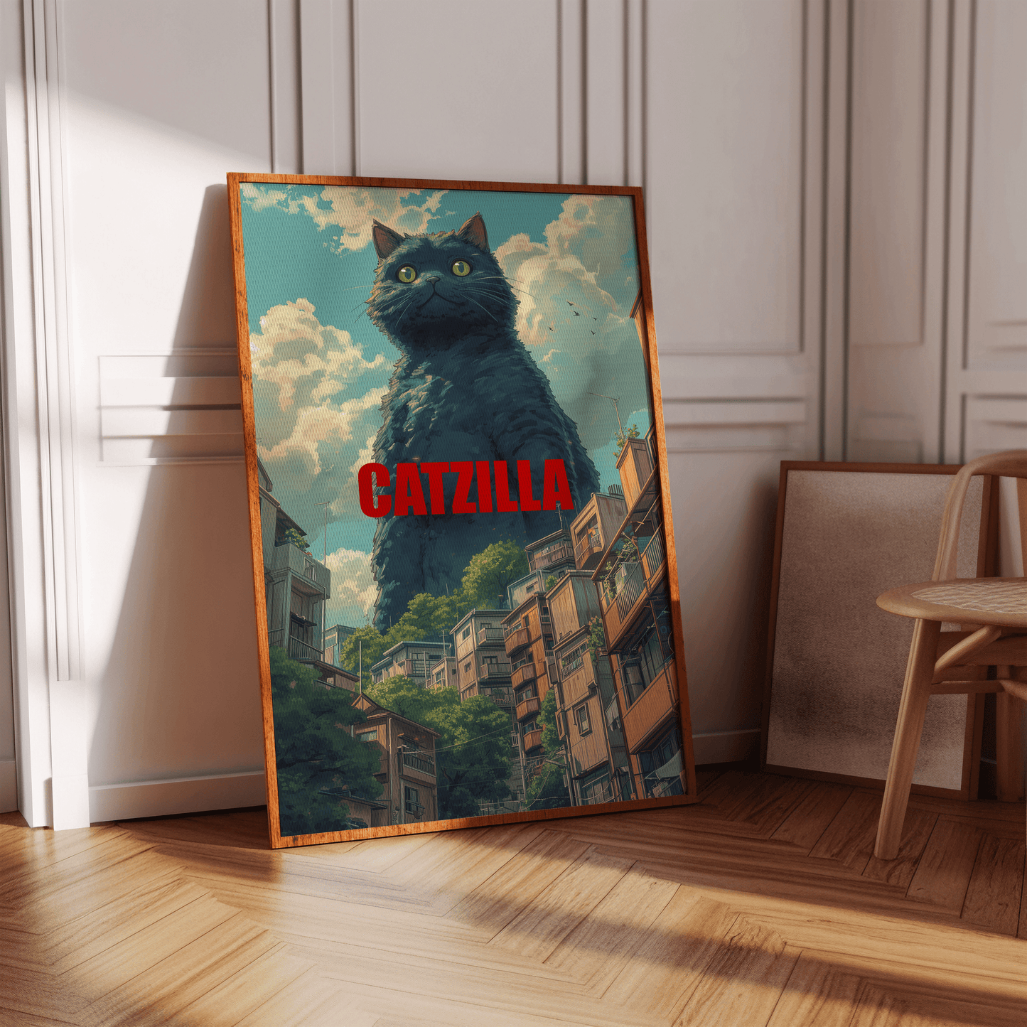 Painting of a Studio Ghibli Catzilla towering over buildings, in a white Victorian hallway in view of natural sunlight.