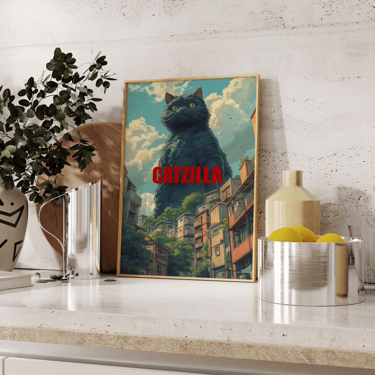 Painting of a Studio Ghibli Catzilla towering over buildings, with a smile on its face, leaning against the kitchen counter.