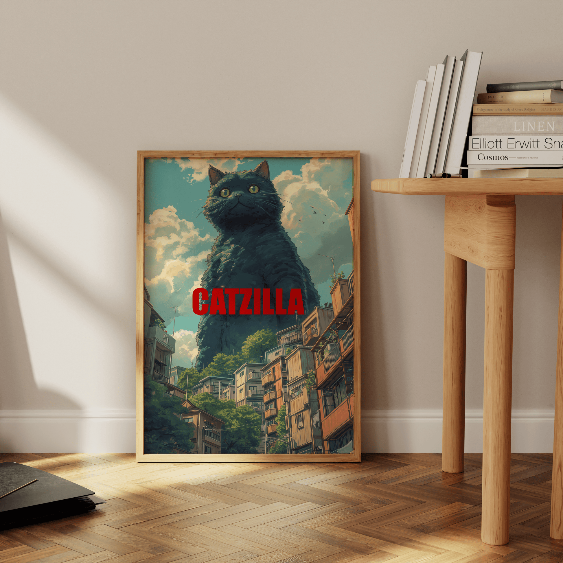 Painting of a Studio Ghibli Catzilla towering over buildings, with a smile on its face, leaning against the office wall. 