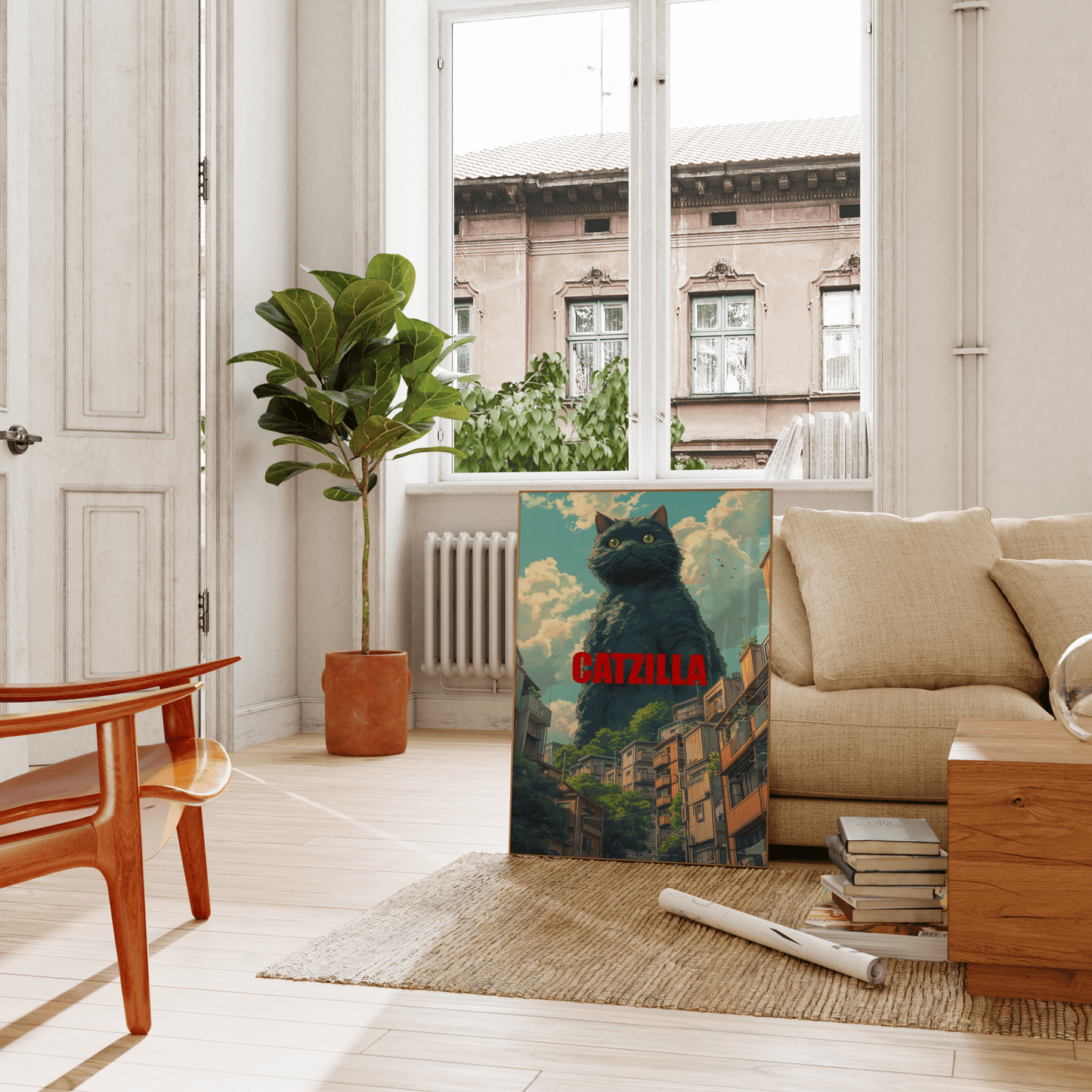 Painting of a Studio Ghibli Catzilla towering over buildings, with a smile on its face, leaning on a couch in the living room.