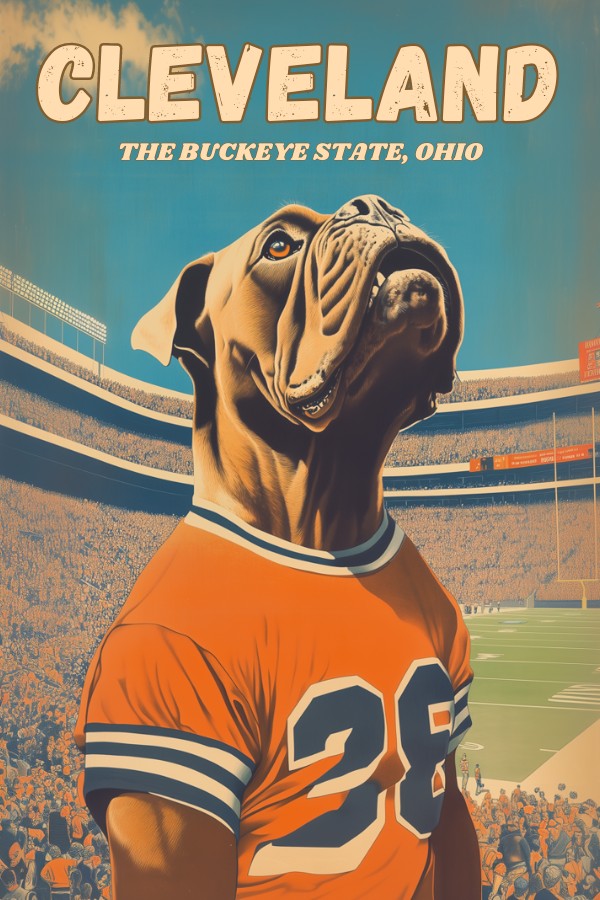 A vintage travel poster of a bull mastiff dog wearing a football jersey