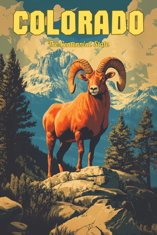 A vintage travel poster of Colorado, featuring a Rocky Mountain Bighorn Sheep on the rocky mountains of Colorado