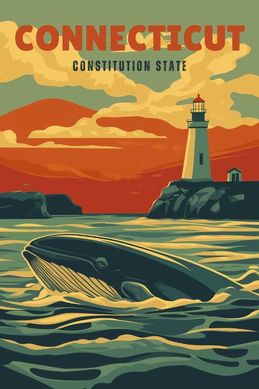 "Connecticut", a vintage travel poster, featuring a Sperm Whale swimming by the ports of the Connecticut river.