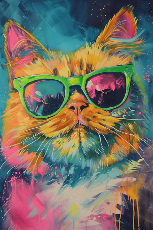 Oil painting of an orange cat wearing green sunglasses, with a pink and blue background, in the style of cyberpunk graffiti.