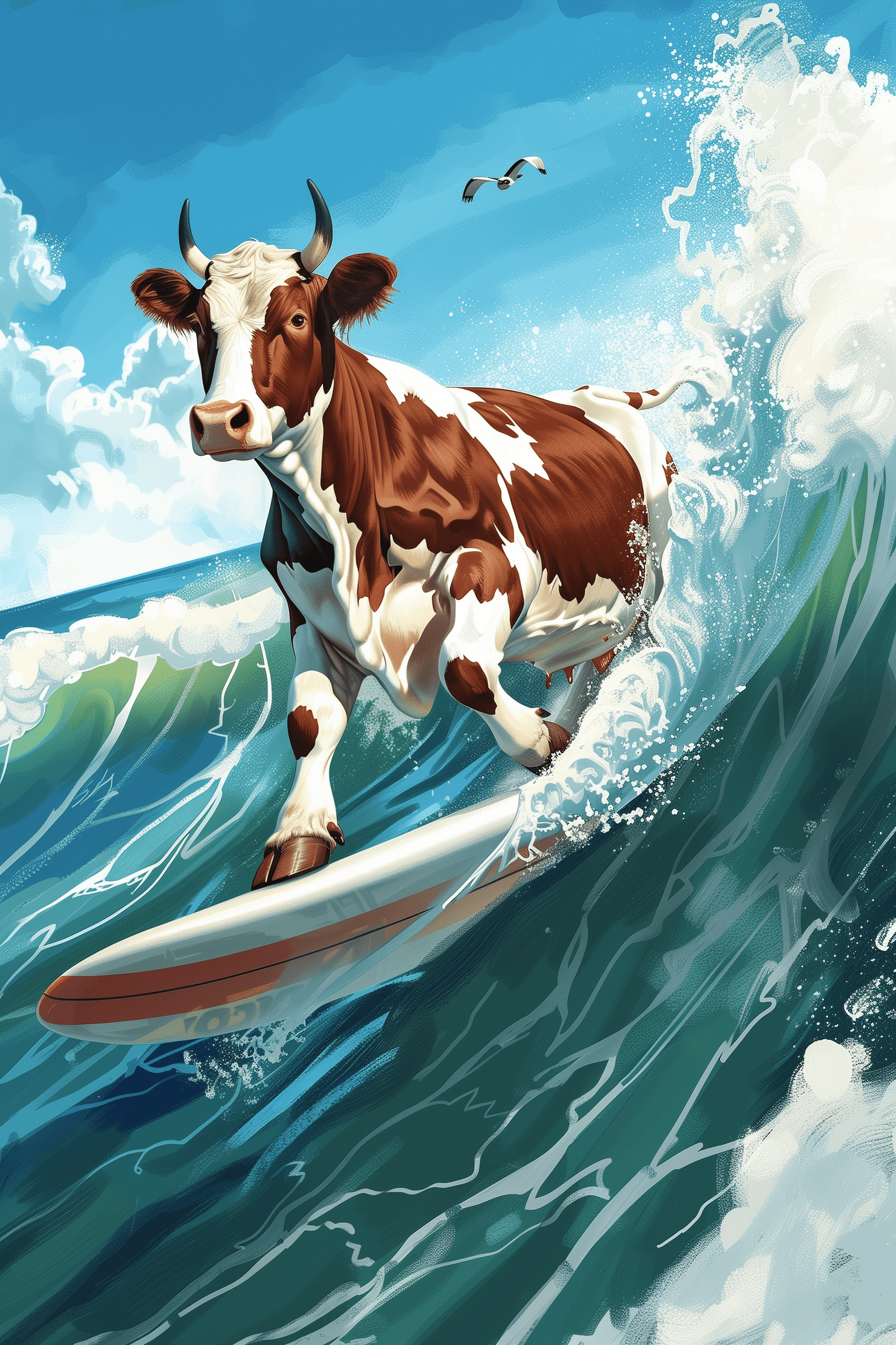 Paw Prints poster featuring a cow surfing on a wave in sunny San Diego. 