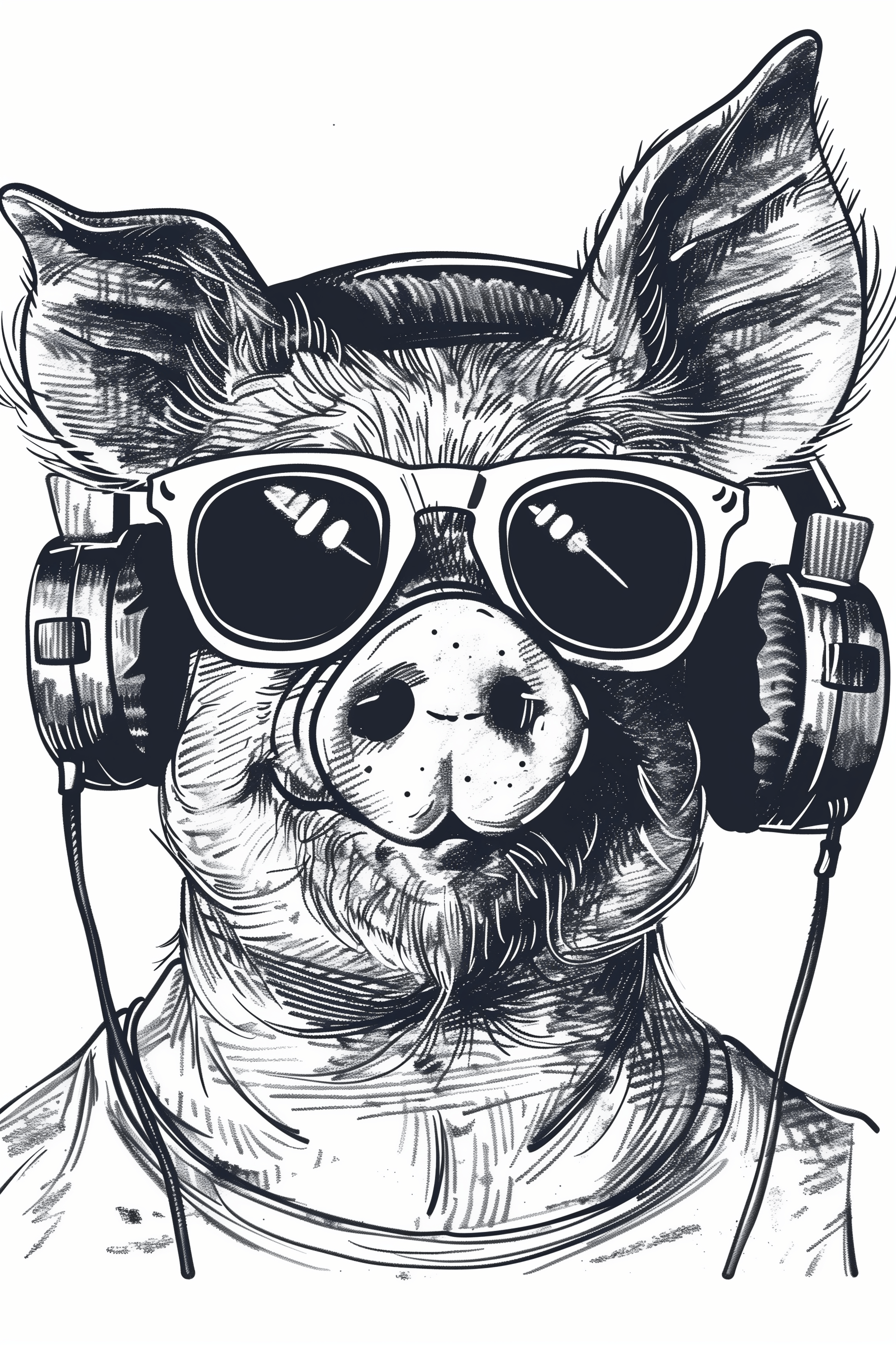 Paw prints pencil sketch of a hipster DJ pig wearing headphones and shades.