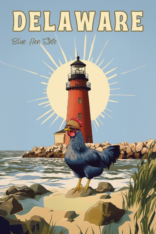 "Delaware", a vintage travel poster, featuring a blue hen chicken wearing shades and a bandana in front of the Delaware Breakwater lighthouse