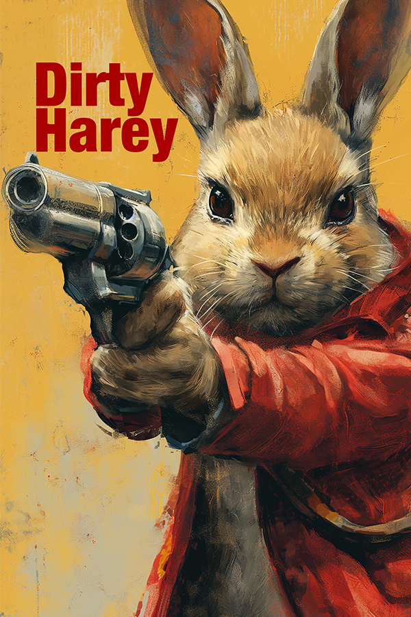 Paw Prints poster of a rabbit pointing a revolver, wearing a trench coat with the title "Dirty Harey".