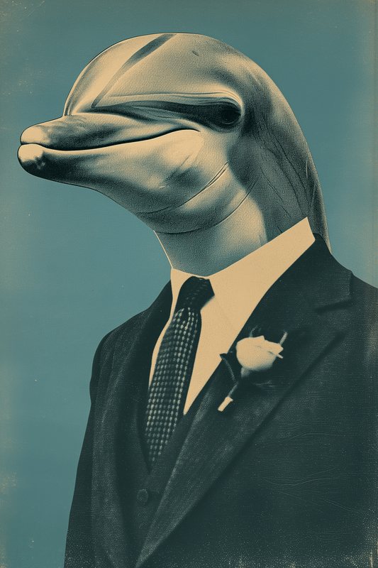 Vintage poster of a dolphin prom date wearing a suit and a boutonniere - Paw Prints