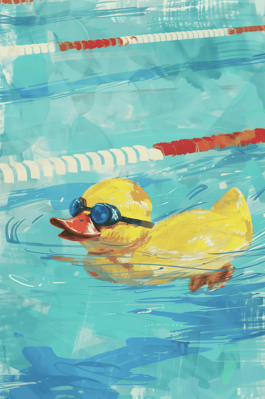 Paw Prints painting of a rubber ducky swimming in a lane pool, with goggles and swimming intensely. 