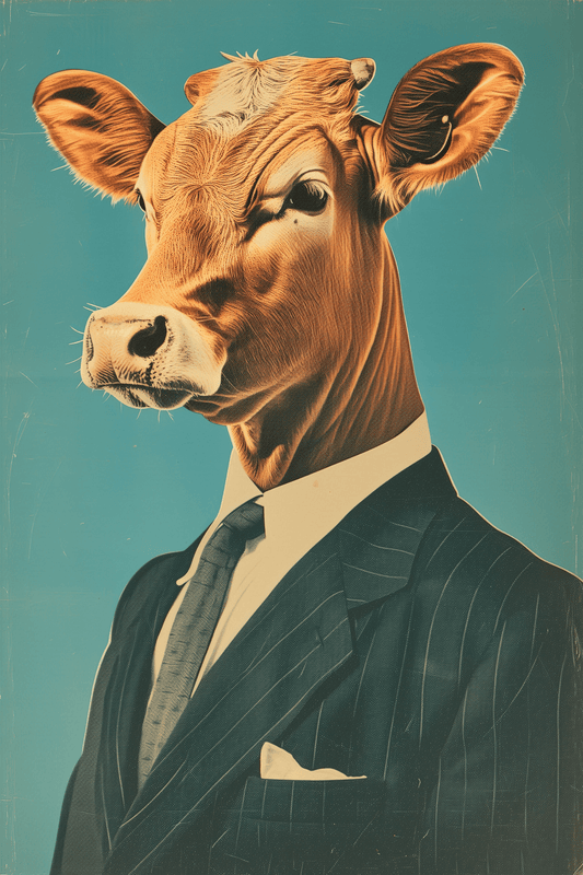 Paw Prints poster featuring a cow wearing a suit.