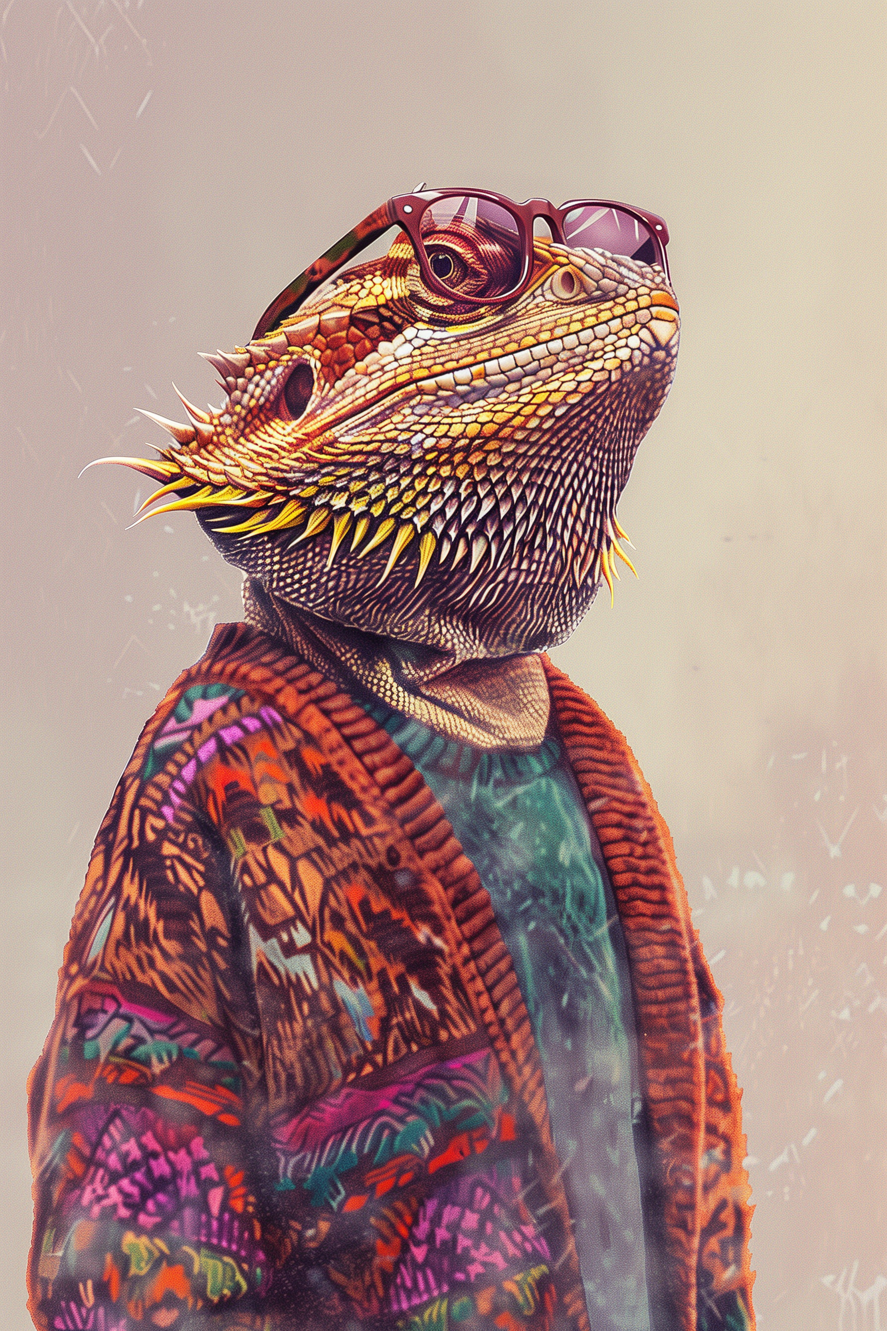 Paw Prints portrait of a bearded dragon wearing a patterned cardigan sweater and old lady glasses. 