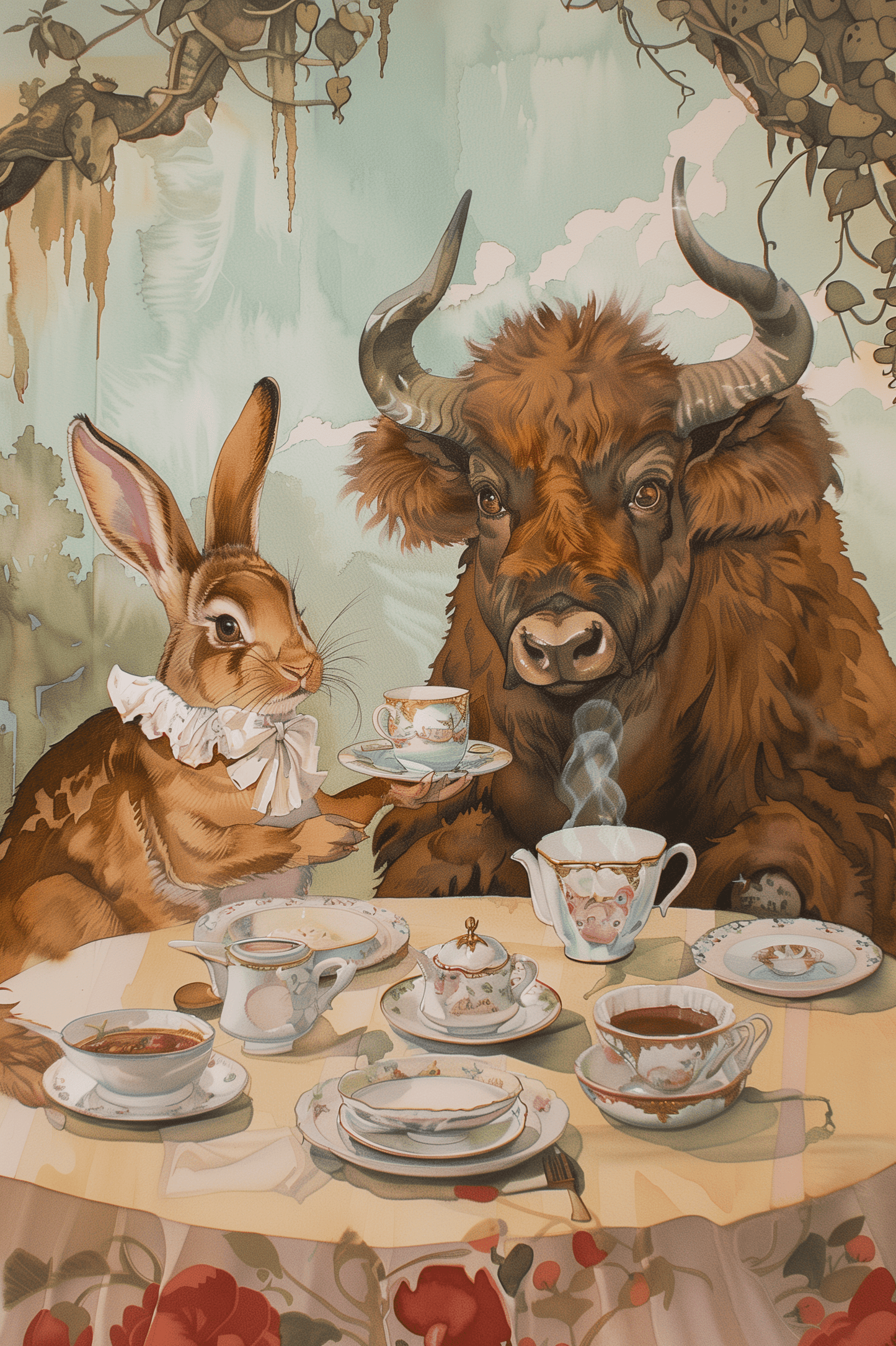 Painting of a rabbit and a bull having an English tea party in the natural environment. 