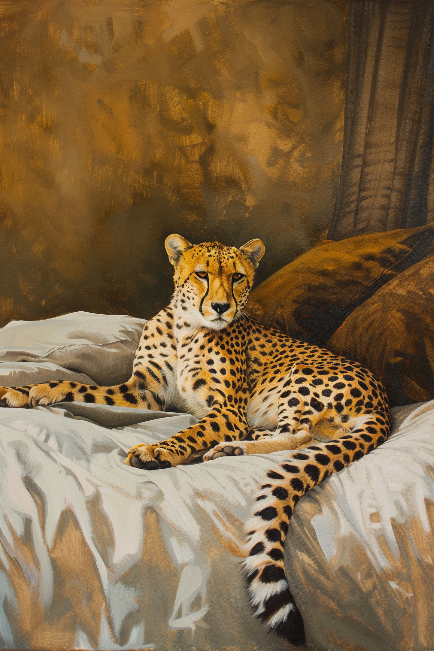 Painting of an exotic cheetah on a king sized luxury bed - Paw Prints