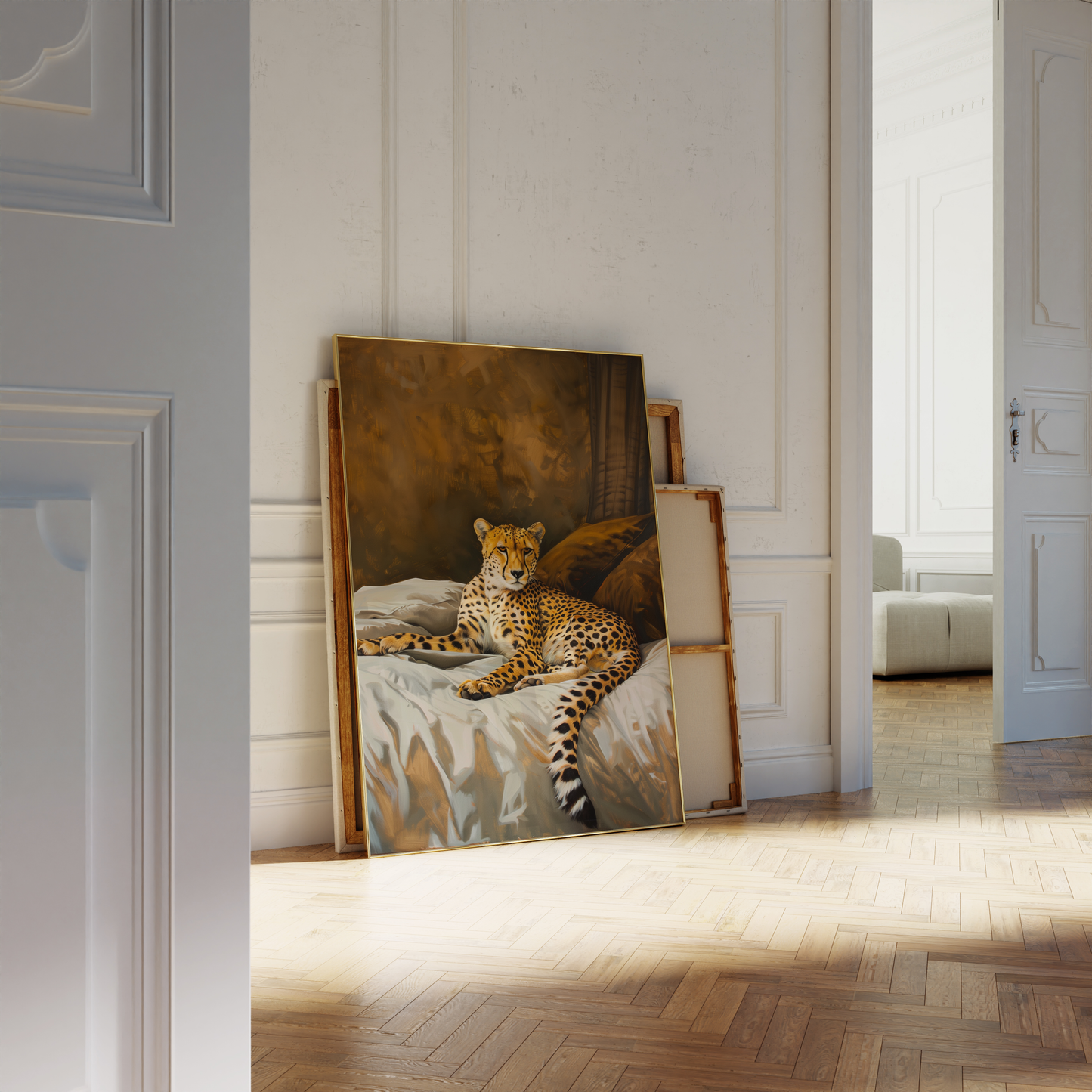 Painting of an exotic cheetah on a king sized luxury bed, leaning against a white bathroom wall - Paw Prints