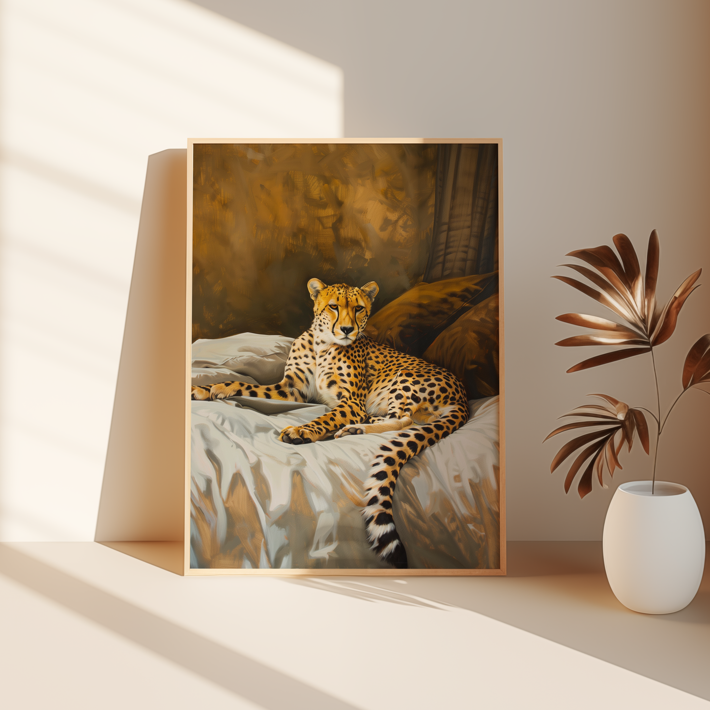 Painting of an exotic cheetah on a king sized luxury bed, leaning against the bedroom floor - Paw Prints